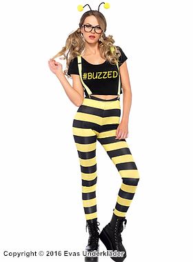 Female bee, costume top and leggings, suspenders, wings, horizontal stripes